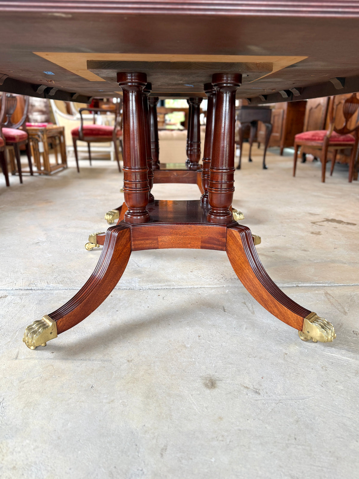 Antique Council Craftsmen Regency Style Inlaid Mahogany Pedestal Dining Table