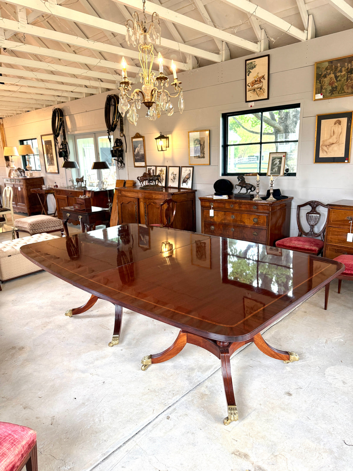 Antique Council Craftsmen Regency Style Inlaid Mahogany Pedestal Dining Table