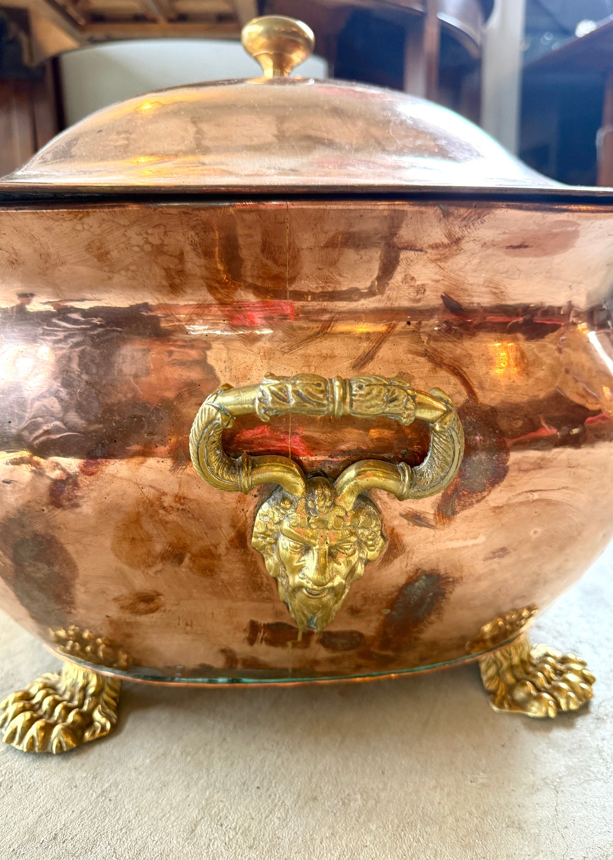 Antique Regency Rectangular Copper Covered Coal Scuttle with lid