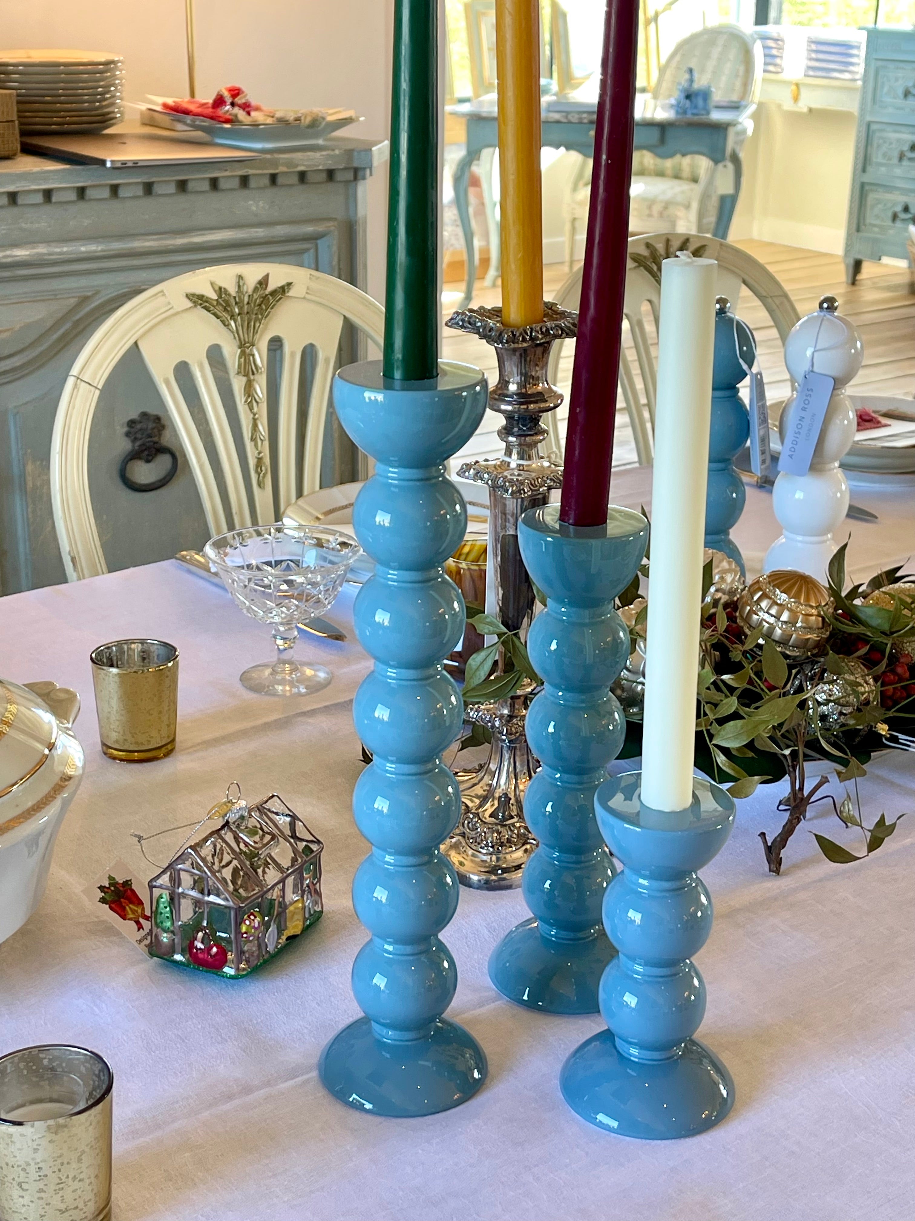 British Design by Addison Ross Chambray Blue Bobbin Lacquered Candlestick