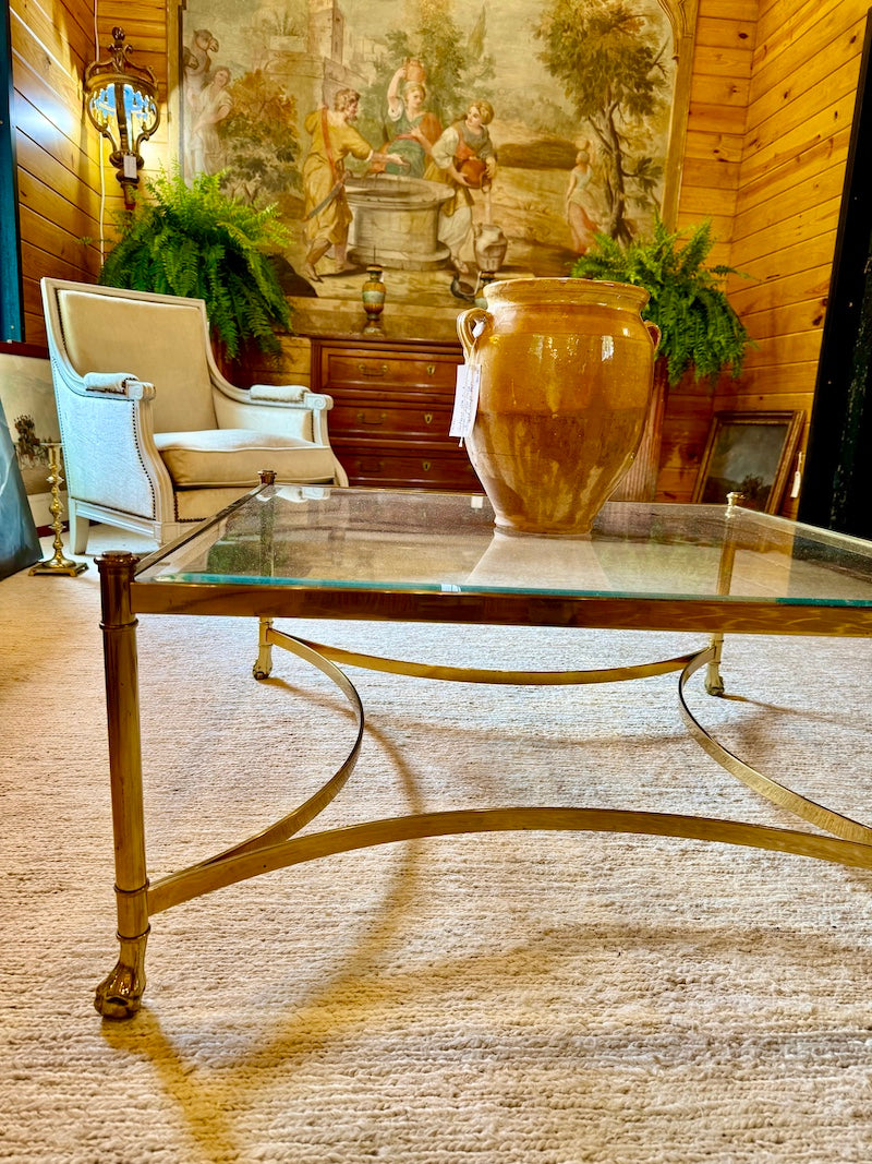 1950s Brass and Glass French coffee table, armchair, and wall fresco.