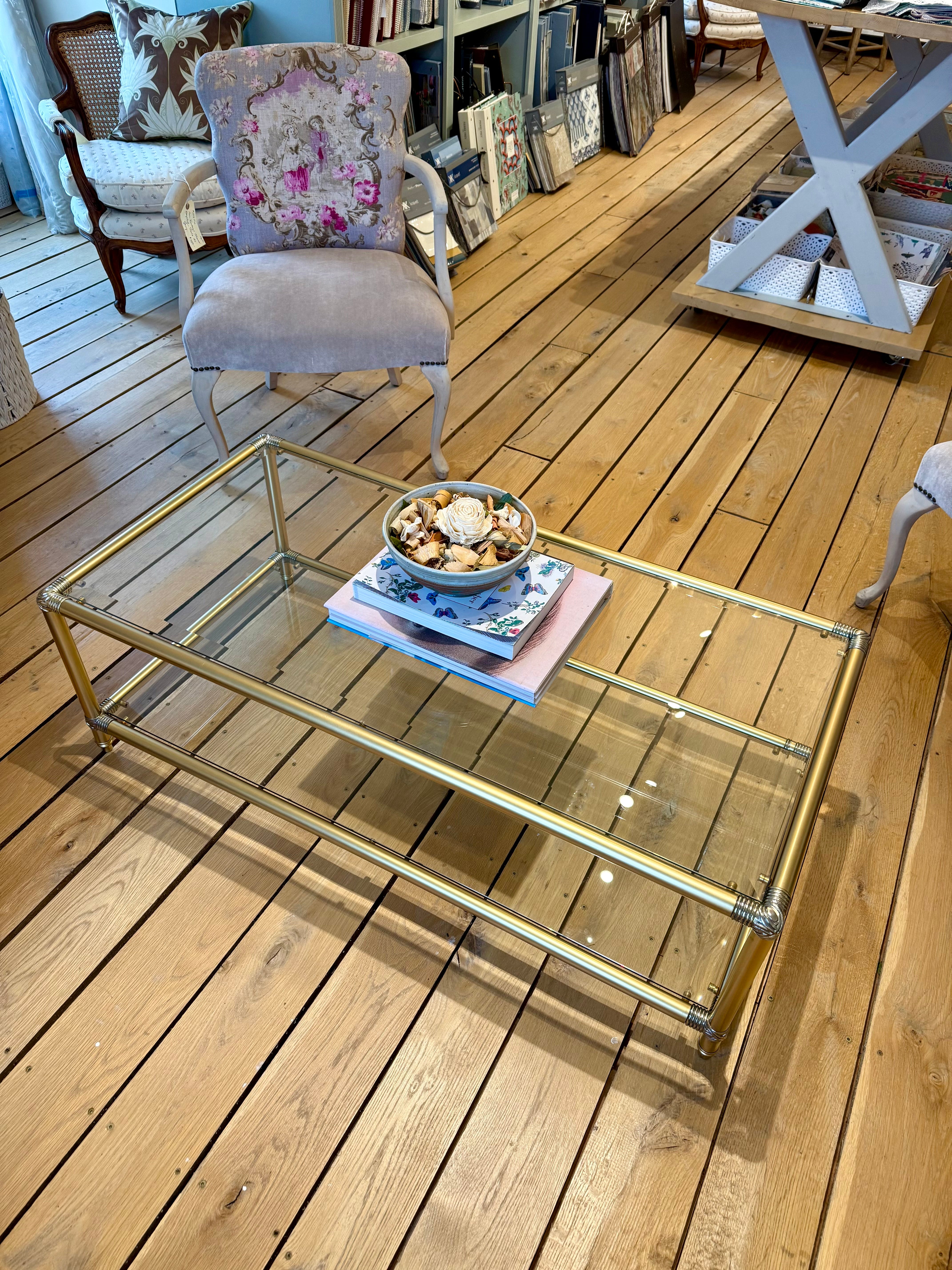 French Vintage 1950s Glass, Brass and Chrome Coffee Table
