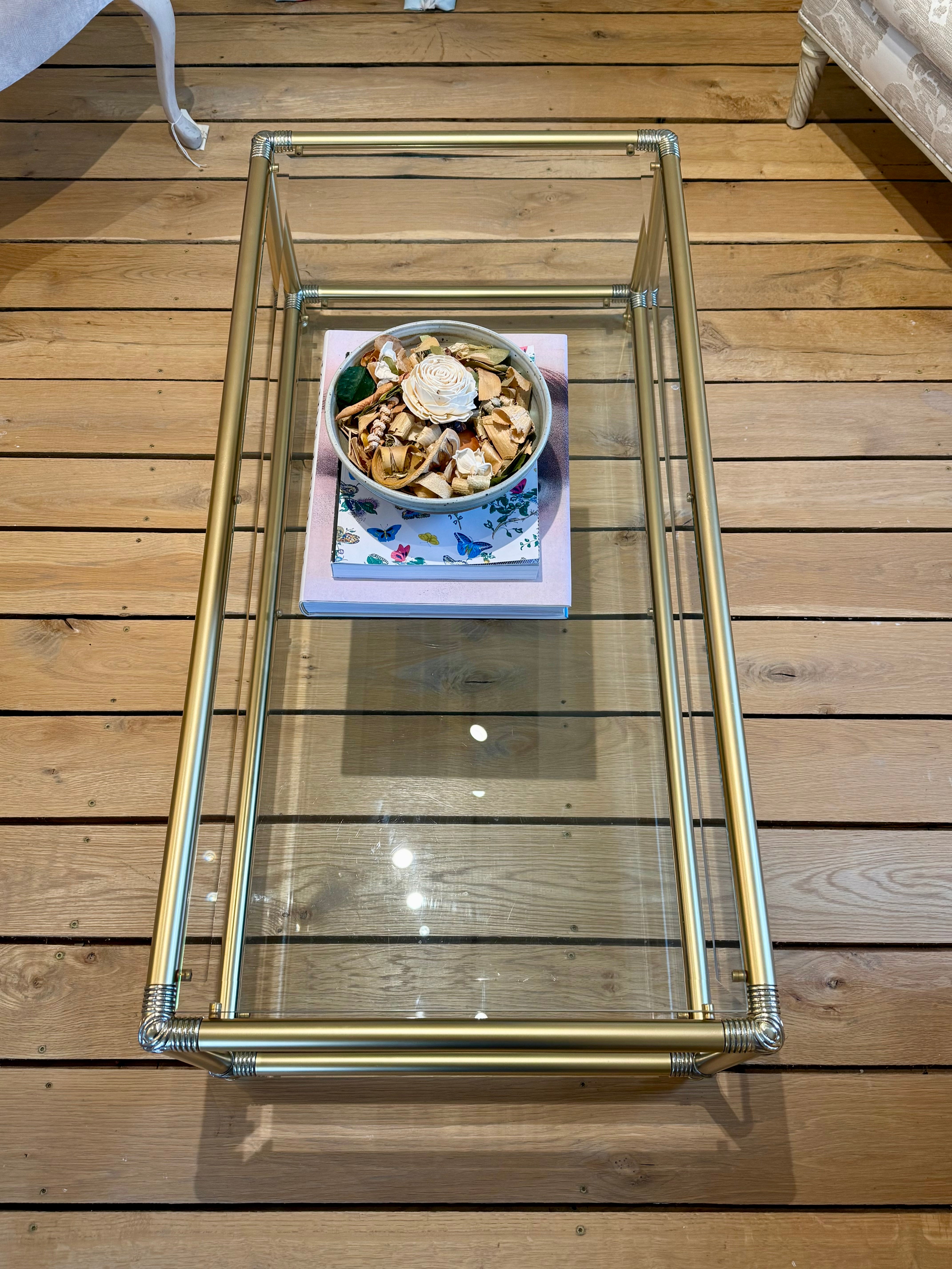 French Vintage 1950s Glass, Brass and Chrome Coffee Table
