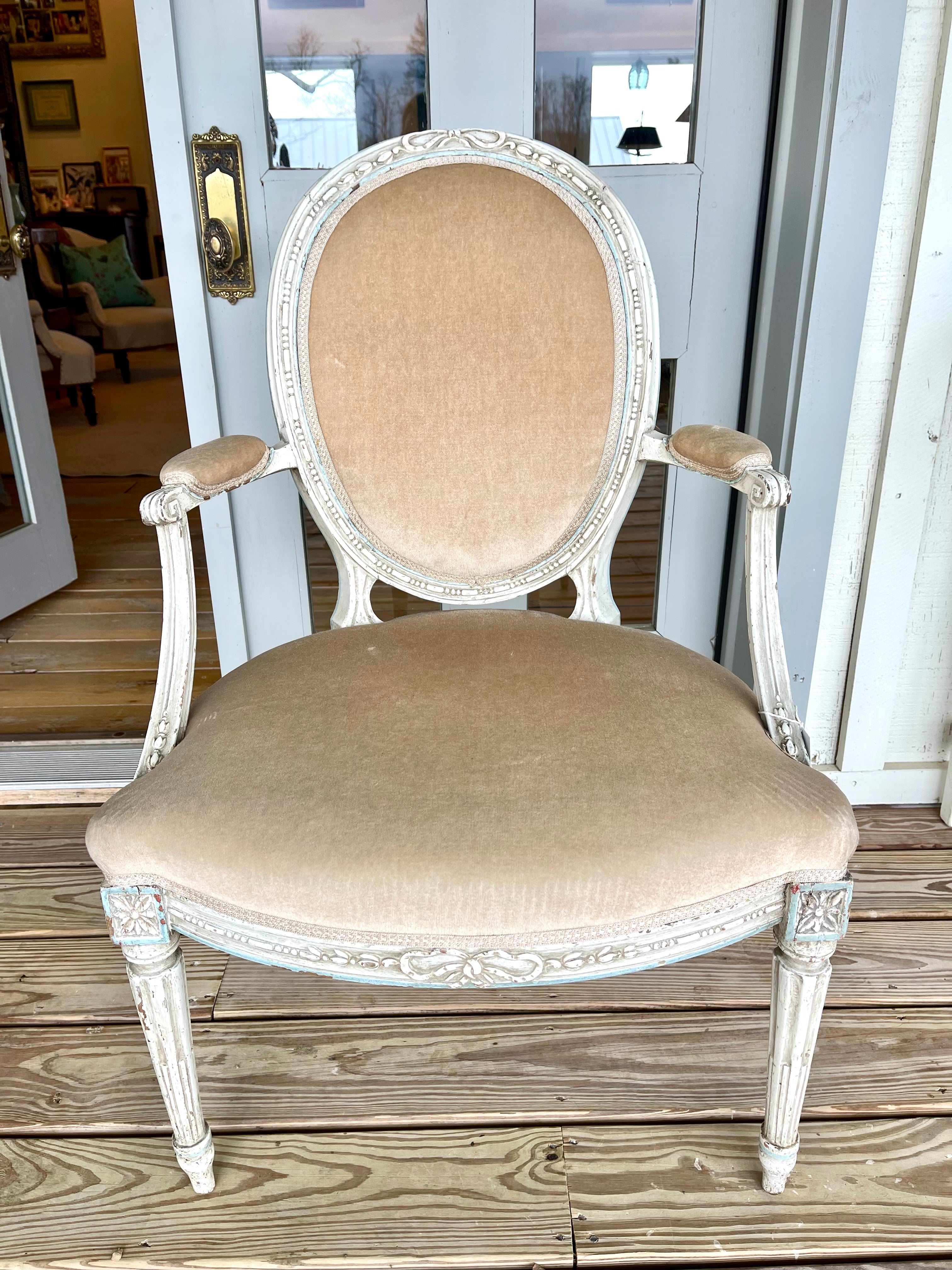 Pair of Antique French Arm Chairs in Beige Velvet