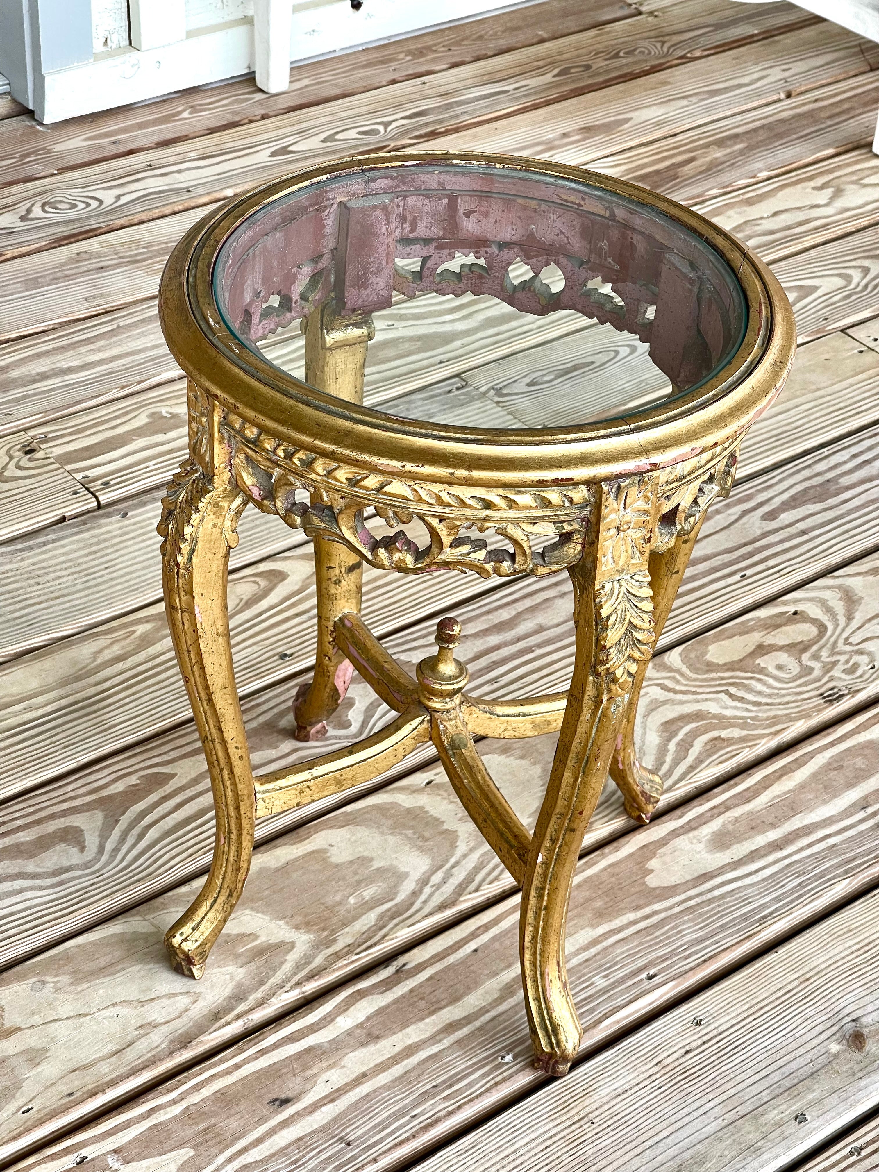 Antique Small Gilded Table with Marble Top