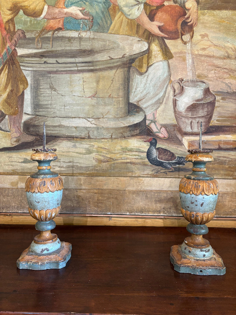 Decorative wooden Italian candlesticks with classical scene and ornate handles