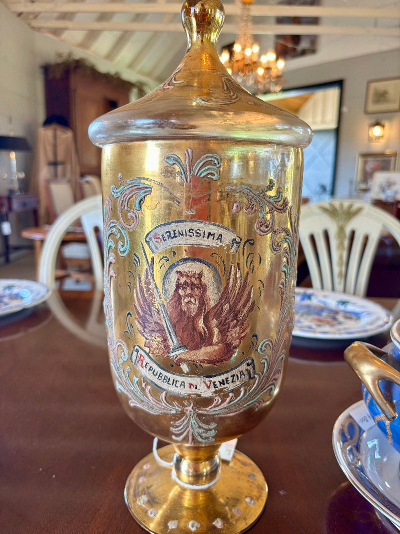 Decorative antique gilt bronze vase  with gold accents and inscription