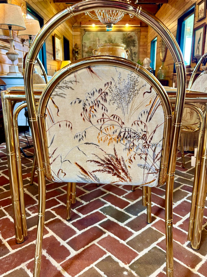 Vintage Italian Bamboo, Brass and Glass Dinner Table, 1960s with four French 1970s Brass and Bamboo Metal Chairs