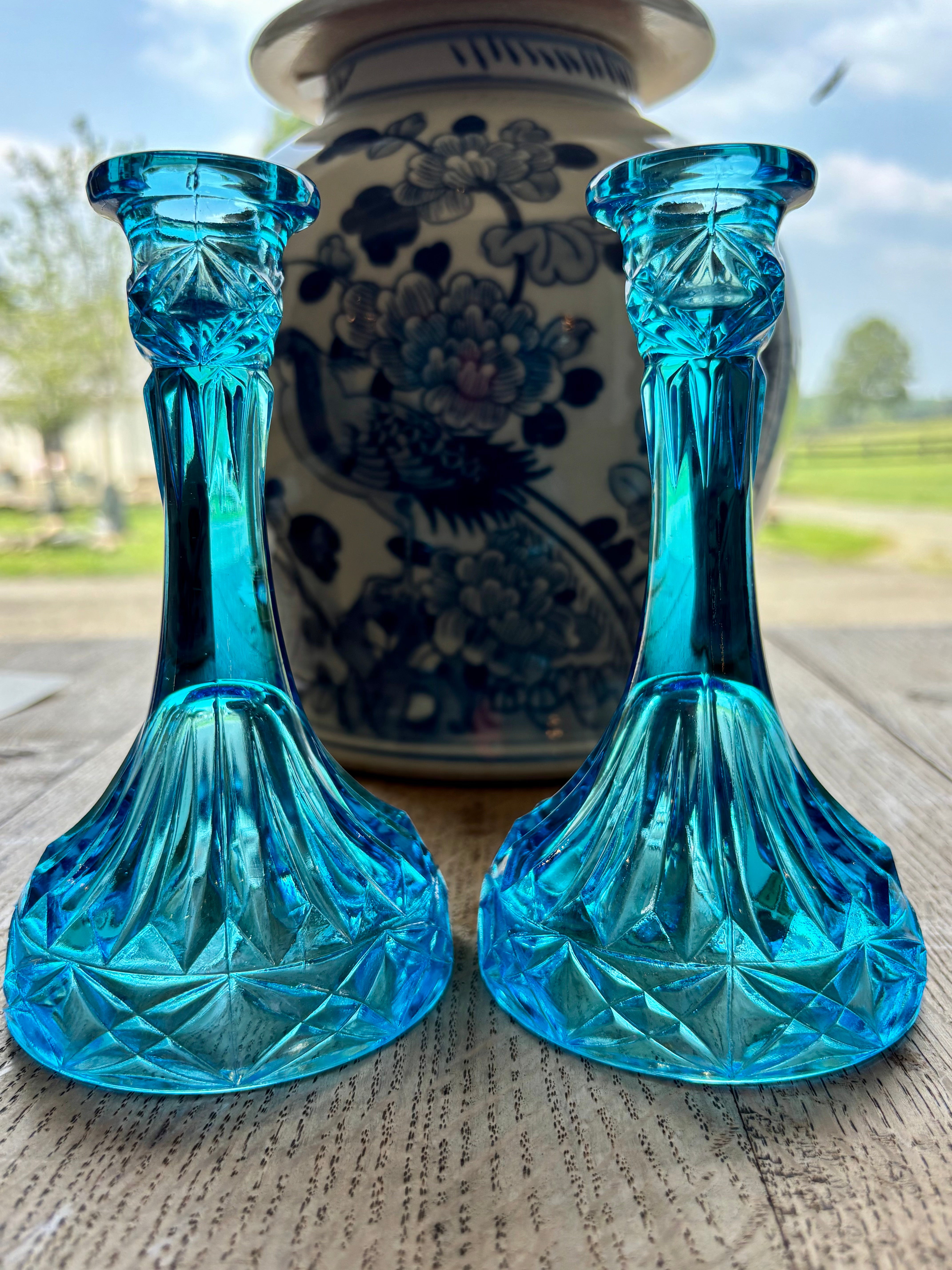 English Blue Crystal Candlesticks