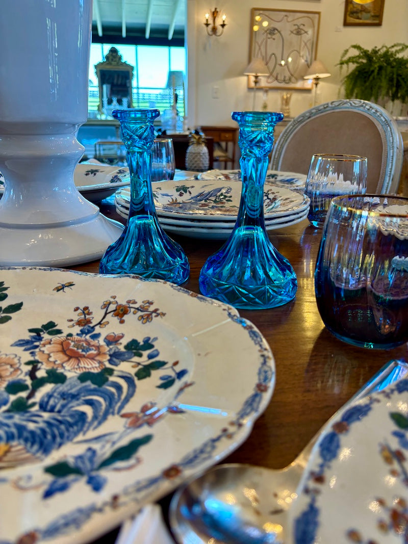 English Blue Crystal Candlesticks