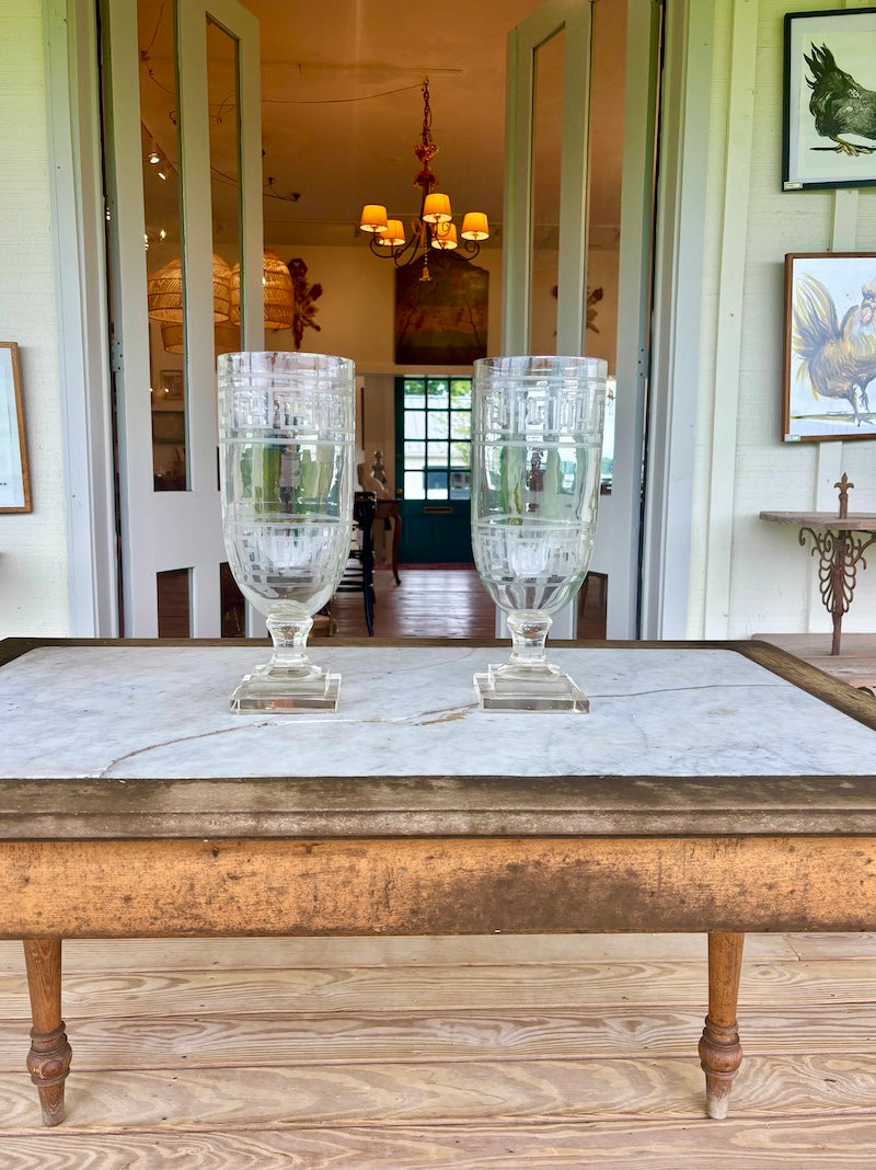 Pair of Hand Crafted, Mouth Blown Glass Greek Key Design Hurricanes