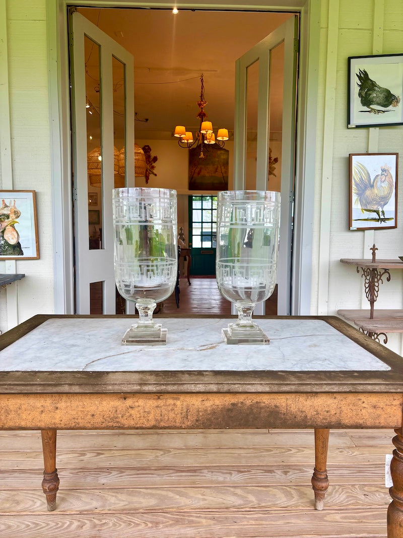 Pair of Hand Crafted, Mouth Blown Glass Greek Key Design Hurricanes