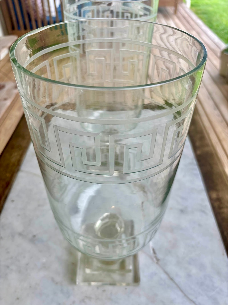 Pair of Hand Crafted, Mouth Blown Glass Greek Key Design Hurricanes