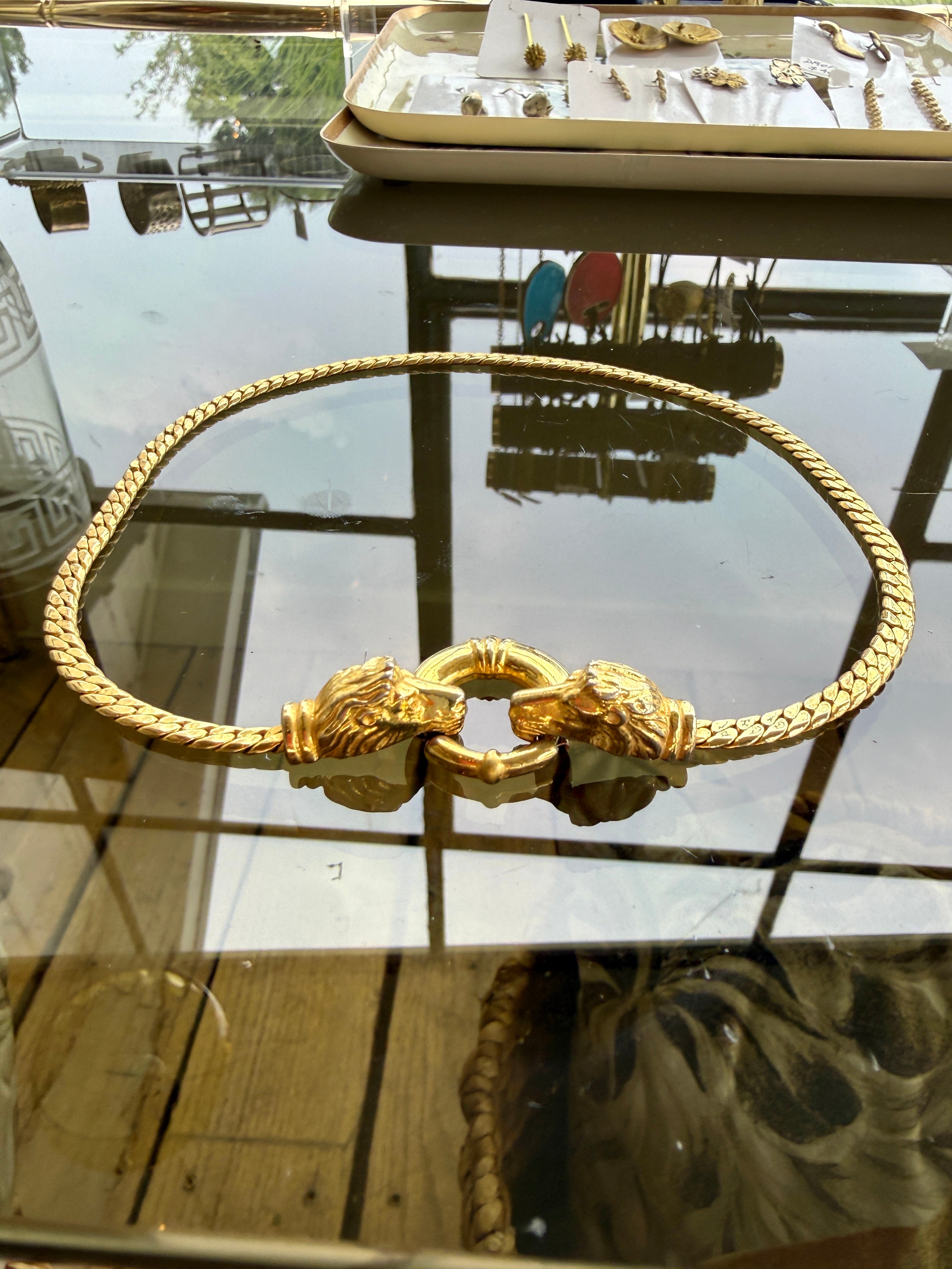 Gold Choker Necklace with Dual Animal Clasp