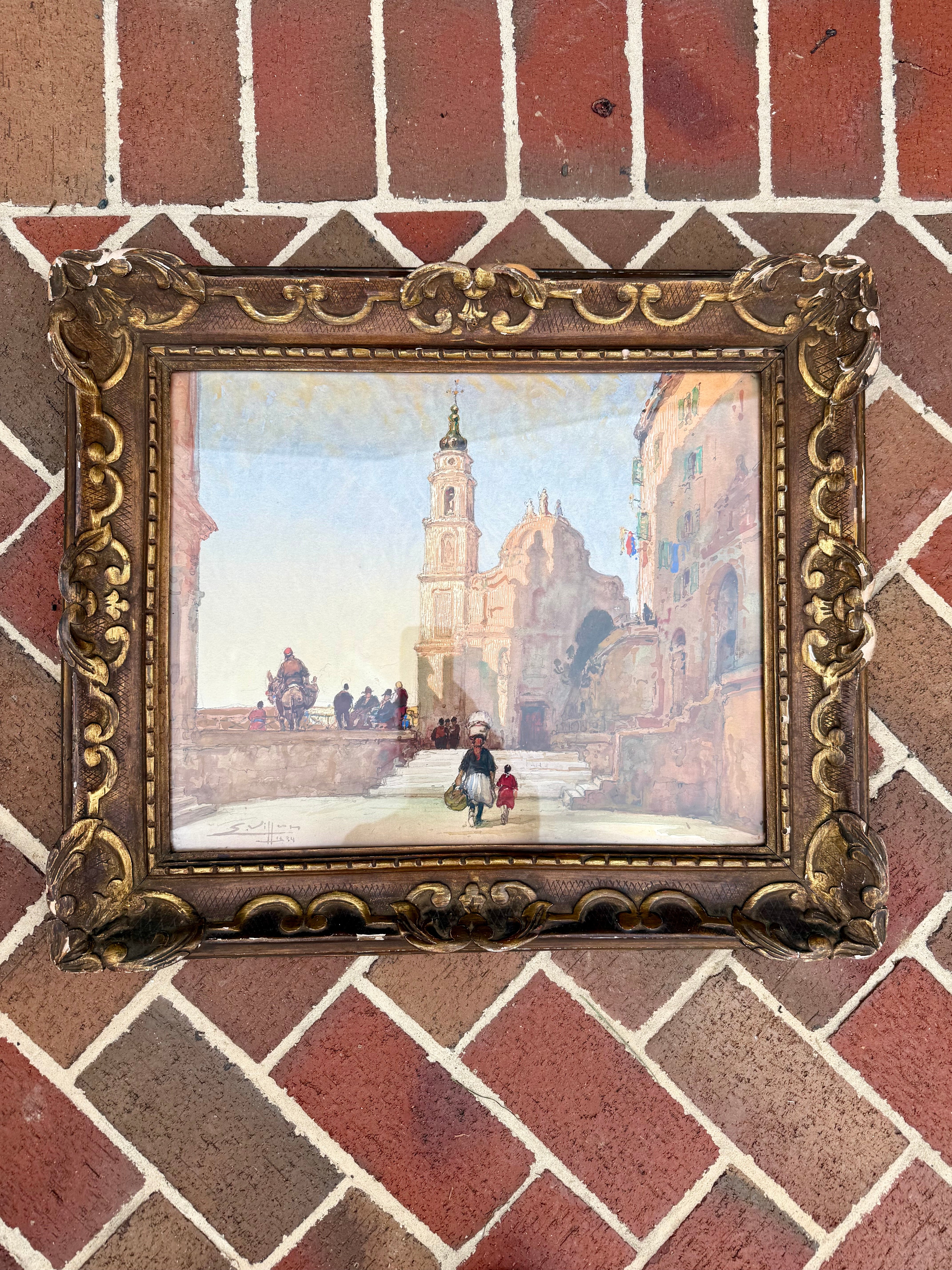 Antique Italian Aquarelle Painting, signed