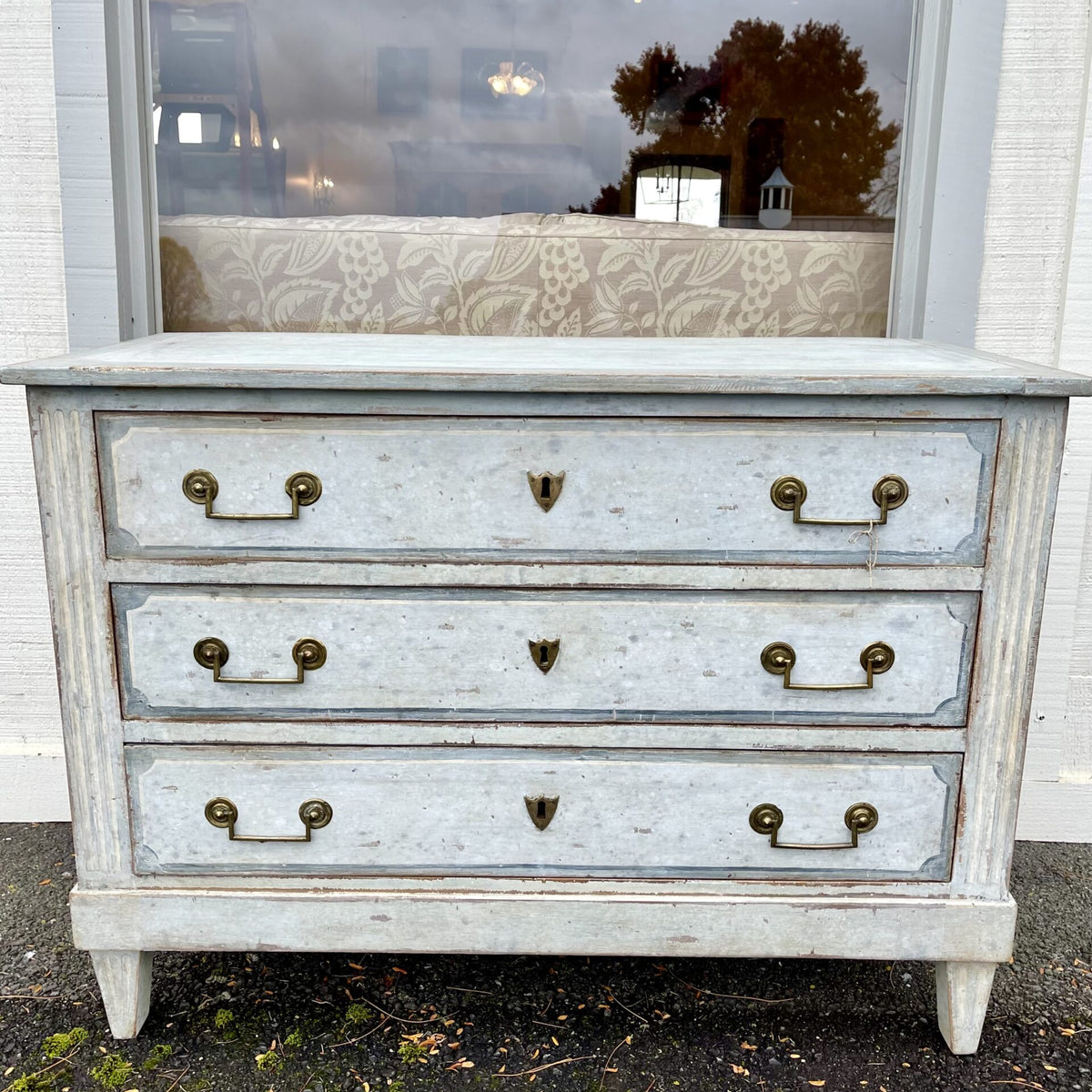 Antique French Dresser with Off-White and Light Blue Patina